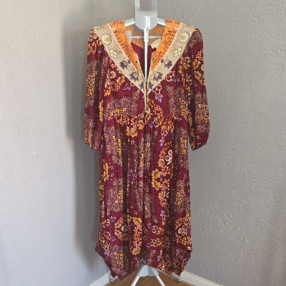 Anthropologie Red and Pink Embroirdered Handkerchief Dress Boho Hippie Lace